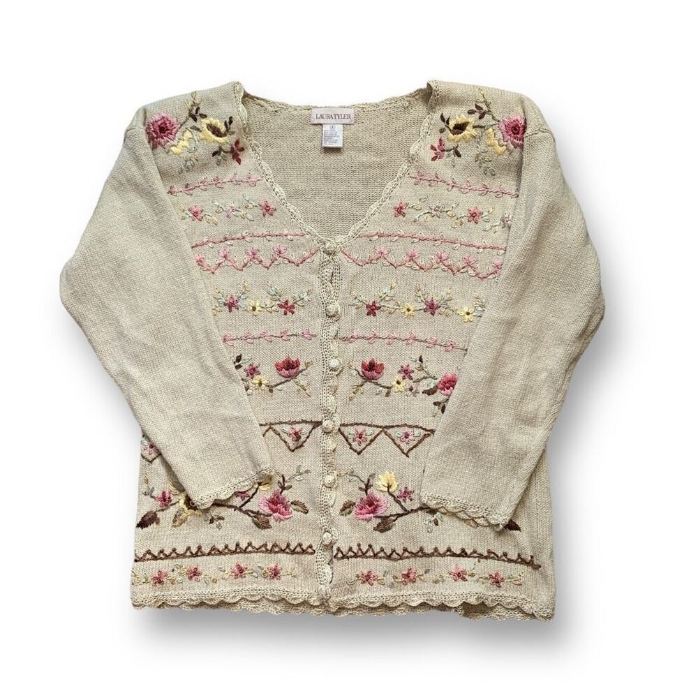 Vintage Cream Cardigan with Pink and Yellow Floral Embroidery